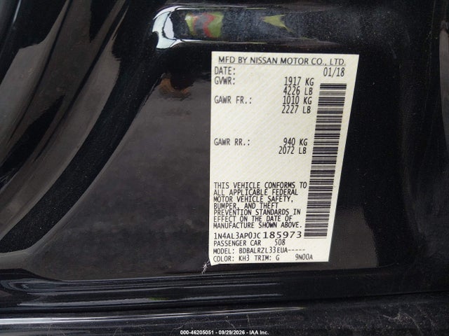 46205051 :رقم المزاد ، 1N4AL3AP0JC185973 vin ، 2018 Nissan Altima 2.5 Sl مزاد بيع
