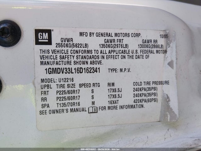 46205052 :رقم المزاد ، 1GMDV33L16D162341 vin ، 2006 Pontiac Montana Sv6 مزاد بيع
