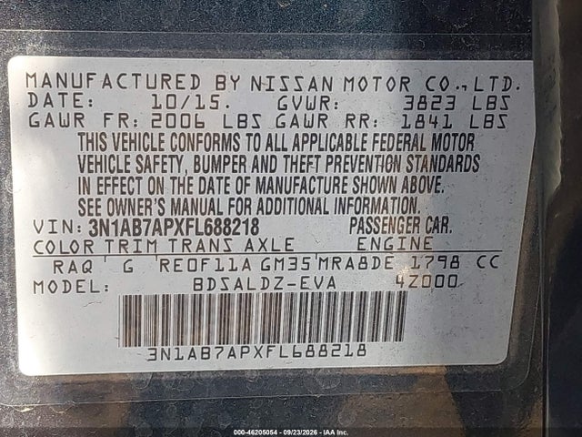 Auction sale of the 2015 Nissan Sentra Sv, vin: 3N1AB7APXFL688218, lot number: 46205054