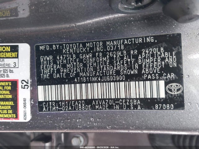 Auction sale of the 2018 Toyota Camry Se, vin: 4T1B11HK4JU603900, lot number: 46205080