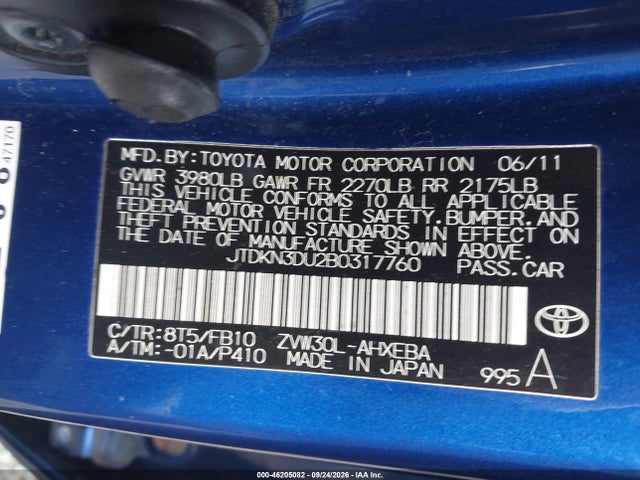 Aukcja sprzedaży 2011 Toyota Prius Three, vin: JTDKN3DU2B0317760, numer aukcji: 46205082