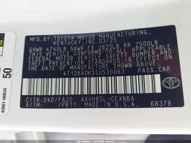Продаж на аукціоні авто 2025 Toyota Camry Le, vin: 4T1DBADK3SU530063, номер лоту: 46205083