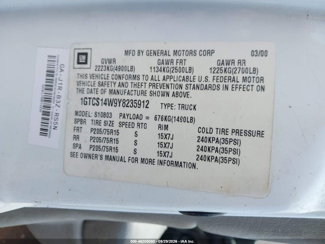 46205090 :رقم المزاد ، 1GTCS14W9Y8235912 vin ، 2000 Gmc Sonoma Sl مزاد بيع
