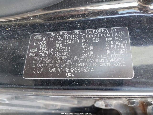 2008 Kia Sorento Ex მანქანა იყიდება აუქციონზე, vin: KNDJC736385846514, აუქციონის ნომერი: 46205136