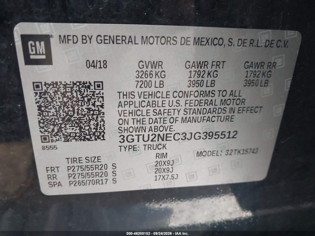 2018 Gmc Sierra 1500 Slt მანქანა იყიდება აუქციონზე, vin: 3GTU2NEC3JG395512, აუქციონის ნომერი: 46205152