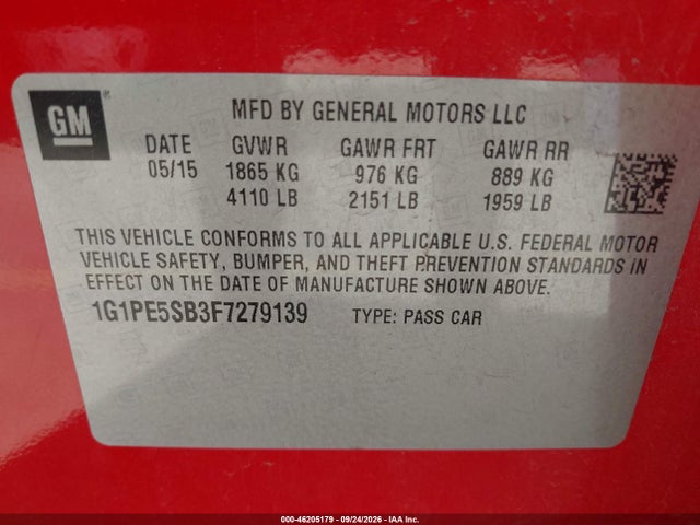Chevrolet CRUZE LT 2015 1G1PE5SB3F7279139 Image 9