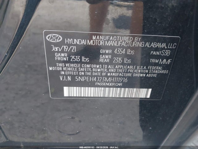 Продаж на аукціоні авто 2021 Hyundai Sonata Limited, vin: 5NPEH4J23MH111916, номер лоту: 46205183