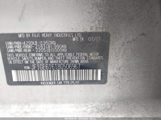 46205192 :رقم المزاد ، JF1GE61618G506967 vin ، 2008 Subaru Impreza  (natl) I W/sat/nav مزاد بيع