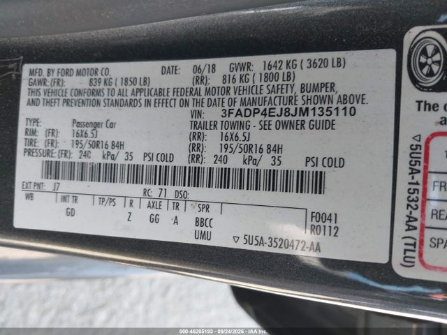 2018 Ford Fiesta Se მანქანა იყიდება აუქციონზე, vin: 3FADP4EJ8JM135110, აუქციონის ნომერი: 46205193
