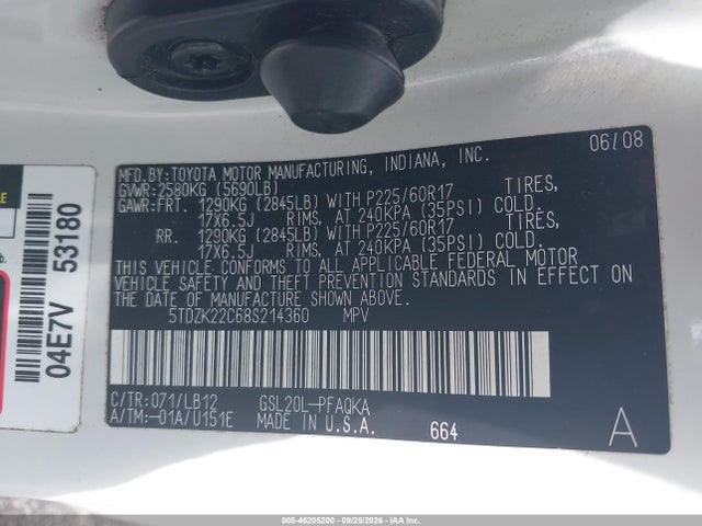 46205200 :رقم المزاد ، 5TDZK22C68S214360 vin ، 2008 Toyota Sienna Xle Ltd مزاد بيع