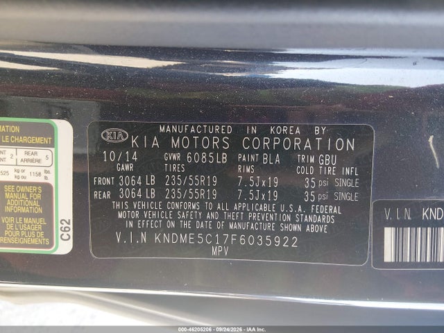 Продажа на аукционе авто 2015 Kia Sedona Sx-l, vin: KNDME5C17F6035922, номер лота: 46205206