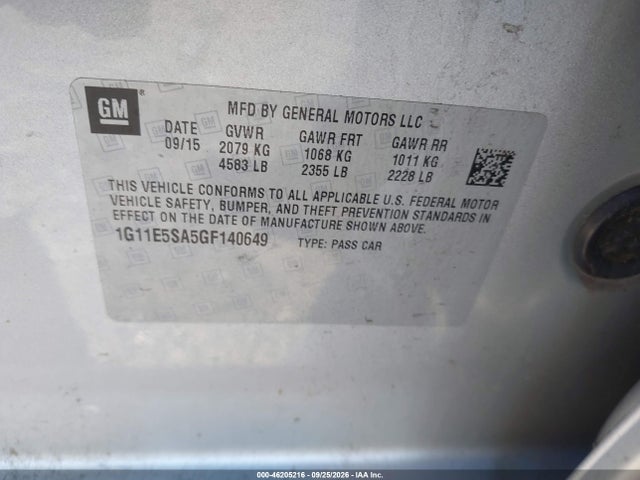 46205216 :رقم المزاد ، 1G11E5SA5GF140649 vin ، 2016 Chevrolet Malibu Limited Ltz مزاد بيع