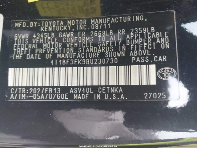 46205222 :رقم المزاد ، 4T1BF3EK9BU230730 vin ، 2011 Toyota Camry Le مزاد بيع