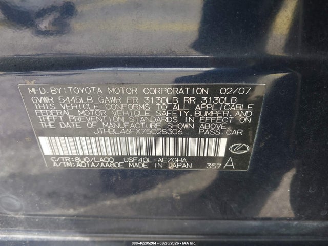 46205284 :رقم المزاد ، JTHBL46FX75028306 vin ، 2007 Lexus Ls 460 مزاد بيع