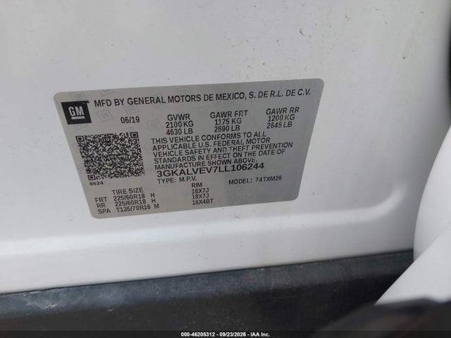2020 Gmc Terreno Awd Slt მანქანა იყიდება აუქციონზე, vin: 3GKALVEV7LL106244, აუქციონის ნომერი: 46205312