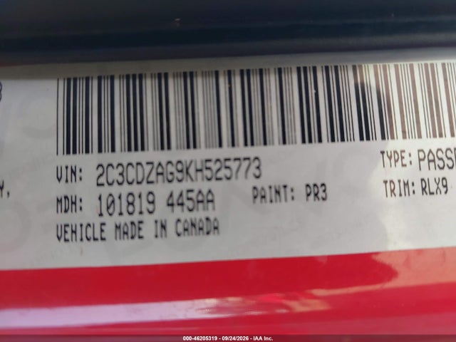 46205319 :رقم المزاد ، 2C3CDZAG9KH525773 vin ، 2019 Dodge Challenger Sxt مزاد بيع