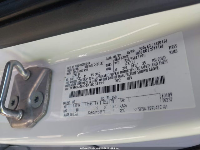 Продажа на аукционе авто 2019 Ford Escape Sel, vin: 1FMCU0HD5KUC32111, номер лота: 46205324