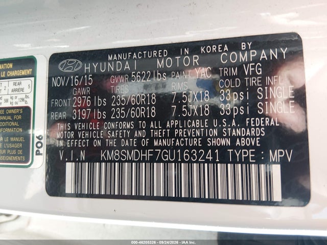 Aukcja sprzedaży 2016 Hyundai Santa Fe Se, vin: KM8SMDHF7GU163241, numer aukcji: 46205326