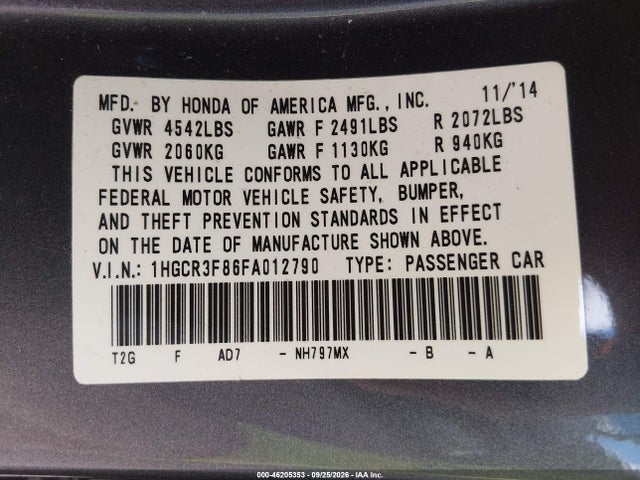 2015 Honda Accord Ex-l/ex-l V-6 მანქანა იყიდება აუქციონზე, vin: 1HGCR3F86FA012790, აუქციონის ნომერი: 46205353