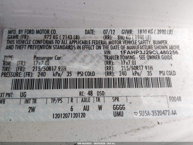 2012 Ford Focus Titanium მანქანა იყიდება აუქციონზე, vin: 1FAHP3J29CL480256, აუქციონის ნომერი: 46205357
