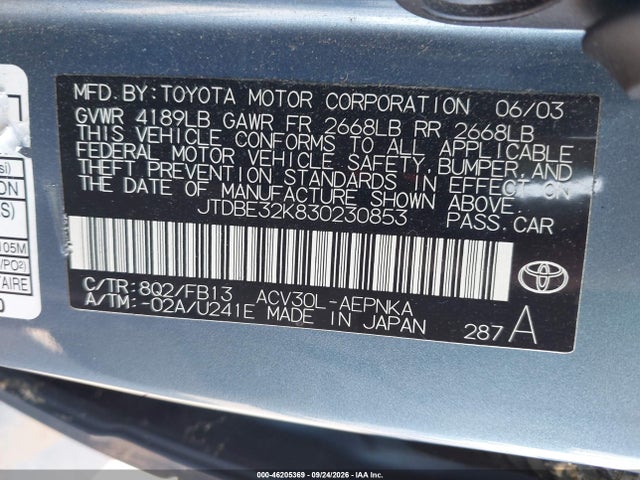 2003 Toyota Camry Le მანქანა იყიდება აუქციონზე, vin: JTDBE32K830230853, აუქციონის ნომერი: 46205369
