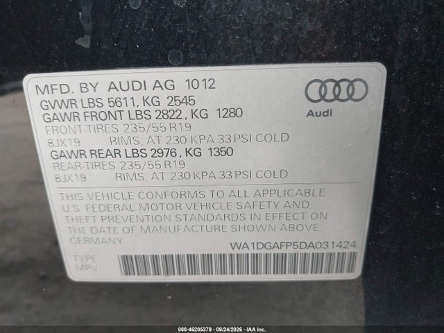 Aukcja sprzedaży 2013 Audi Q5 Premium Plus, vin: WA1DGAFP5DA031424, numer aukcji: 46205379