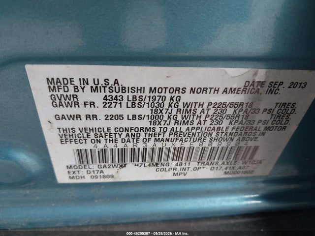 46205387 :رقم المزاد ، 4A4AR3AUXEE009904 vin ، 2014 Mitsubishi Outlander Sport Es مزاد بيع