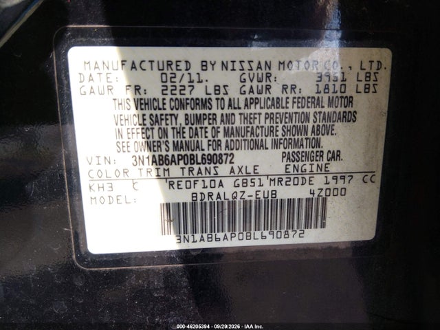 Продажа на аукционе авто 2011 Nissan Sentra 2.0, vin: 3N1AB6AP0BL690872, номер лота: 46205394