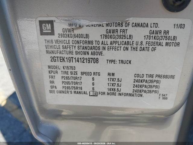 Aukcja sprzedaży 2004 Gmc Sierra 1500 Sle, vin: 2GTEK19T141219708, numer aukcji: 46205415