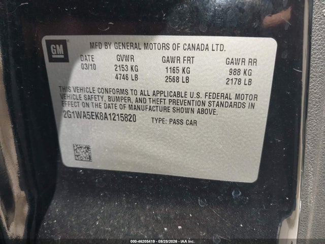 46205419 :رقم المزاد ، 2G1WA5EK8A1215820 vin ، 2010 Chevrolet Impala Ls مزاد بيع