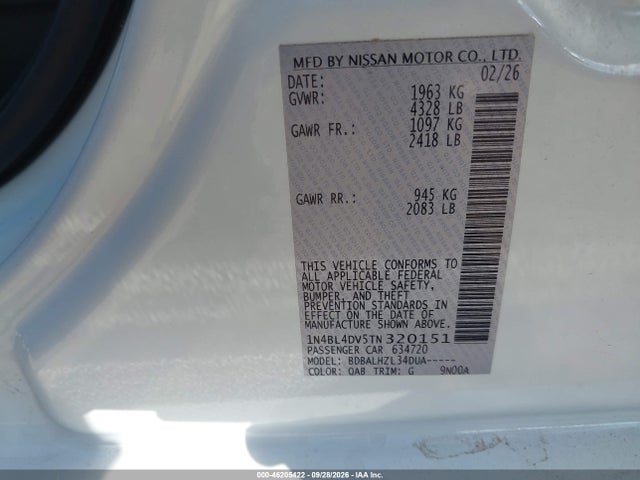 46205422 :رقم المزاد ، 1N4BL4DV5TN320151 vin ، 2026 Nissan Altima Sv Fwd مزاد بيع