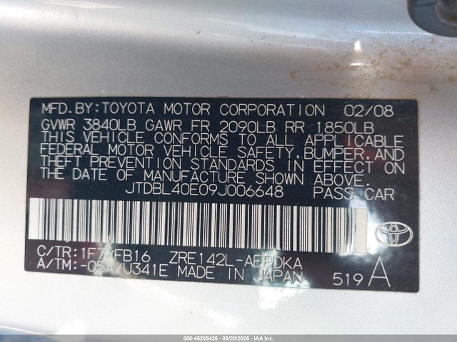 2009 Toyota Corolla Le მანქანა იყიდება აუქციონზე, vin: JTDBL40E09J006648, აუქციონის ნომერი: 46205426