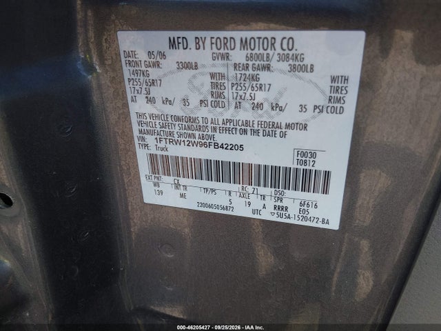 2006 Ford F-150 Xlt მანქანა იყიდება აუქციონზე, vin: 1FTRW12W96FB42205, აუქციონის ნომერი: 46205427