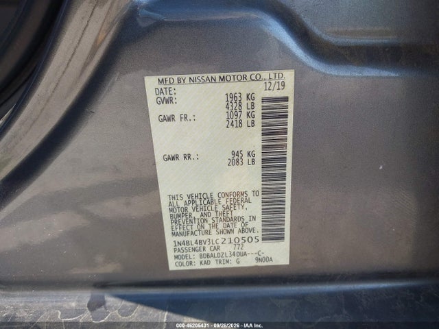 46205431 :رقم المزاد ، 1N4BL4BV3LC210505 vin ، 2020 Nissan Altima S Fwd مزاد بيع