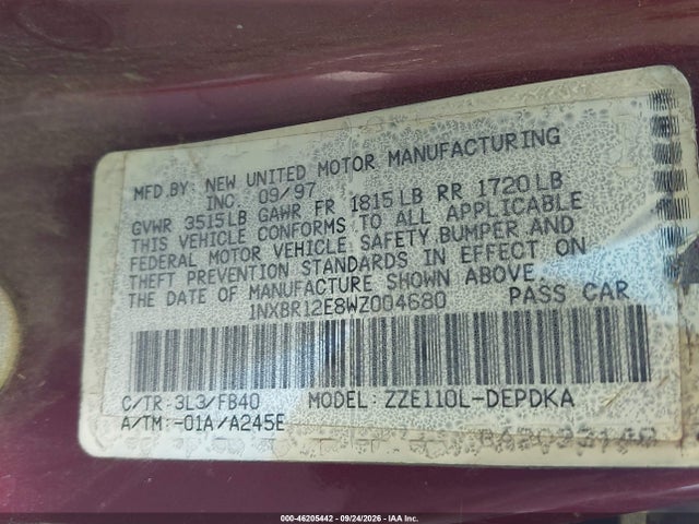 46205442 :رقم المزاد ، 1NXBR12E8WZ004680 vin ، 1998 Toyota Corolla Ce مزاد بيع