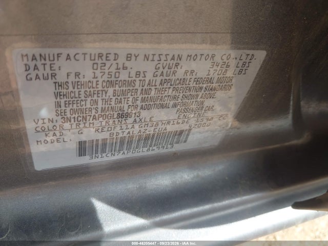 3N1CN7AP0GL869913 Nissan Versa S Plus