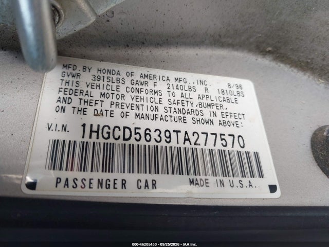 Продаж на аукціоні авто 1996 Honda Accord Lx/ex, vin: 1HGCD5639TA277570, номер лоту: 46205450