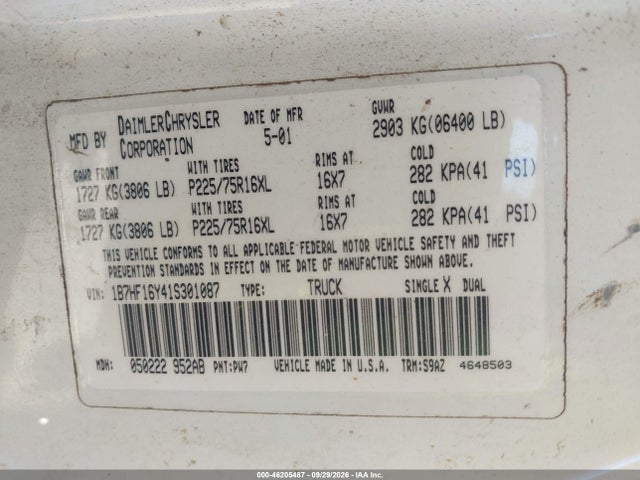 Продаж на аукціоні авто 2001 Dodge Ram 1500 St, vin: 1B7HF16Y41S301087, номер лоту: 46205487