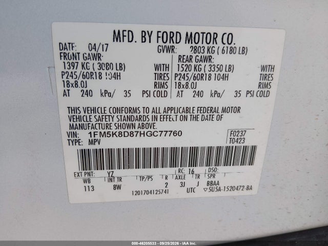 2017 Ford Explorer Xlt მანქანა იყიდება აუქციონზე, vin: 1FM5K8D87HGC77760, აუქციონის ნომერი: 46205533