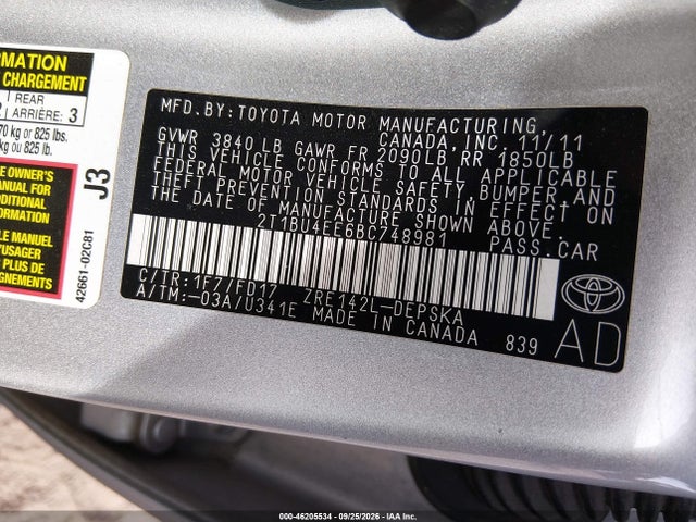 Aukcja sprzedaży 2011 Toyota Corolla S, vin: 2T1BU4EE6BC748981, numer aukcji: 46205534