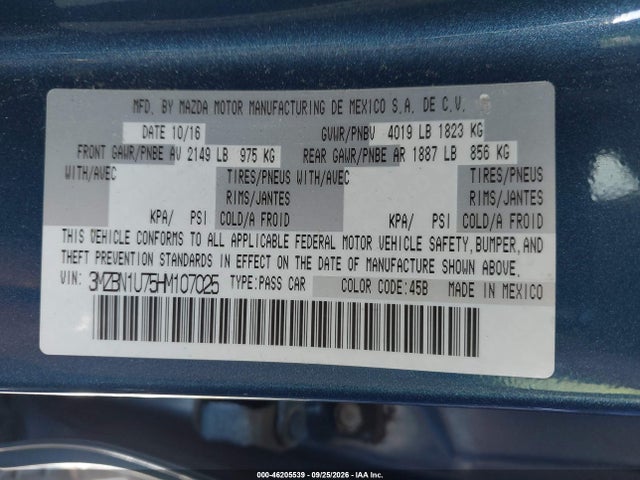 2017 Mazda Mazda3 Sport მანქანა იყიდება აუქციონზე, vin: 3MZBN1U75HM107025, აუქციონის ნომერი: 46205539