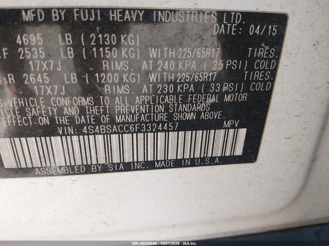 Продаж на аукціоні авто 2015 Subaru Outback 2.5i Premium, vin: 4S4BSACC6F3324457, номер лоту: 46205546