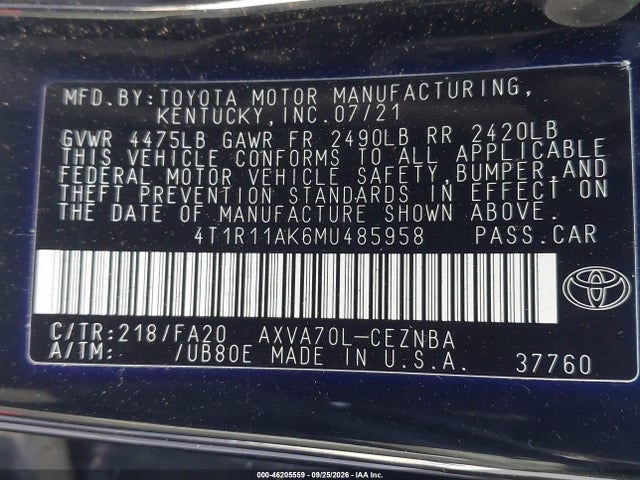 Aukcja sprzedaży 2021 Toyota Camry Le, vin: 4T1R11AK6MU485958, numer aukcji: 46205559