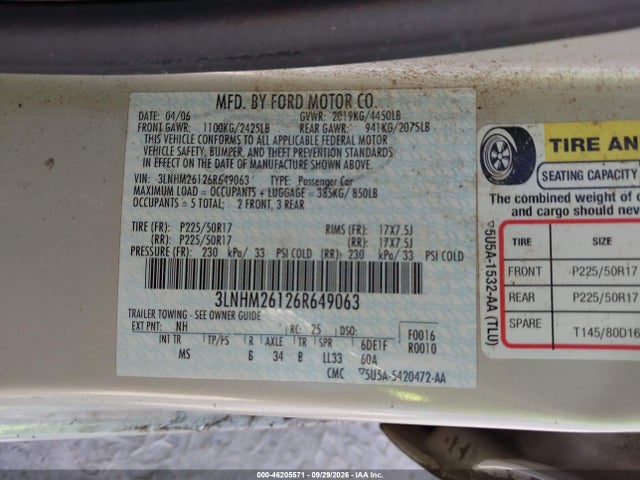 Продажа на аукционе авто 2006 Lincoln Zephyr, vin: 3LNHM26126R649063, номер лота: 46205571