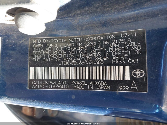 46205582 :رقم المزاد ، JTDKN3DU6B0320385 vin ، 2011 Toyota Prius Four مزاد بيع