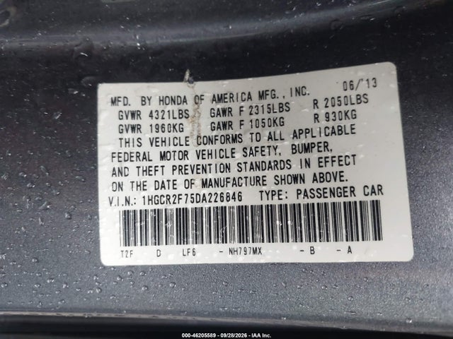 Aukcja sprzedaży 2013 Honda Accord Sdn Ex, vin: 1HGCR2F75DA226846, numer aukcji: 46205589
