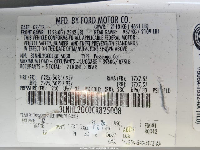 Aukcja sprzedaży 2012 Lincoln Mkz, vin: 3LNHL2GC0CR825008, numer aukcji: 46205595
