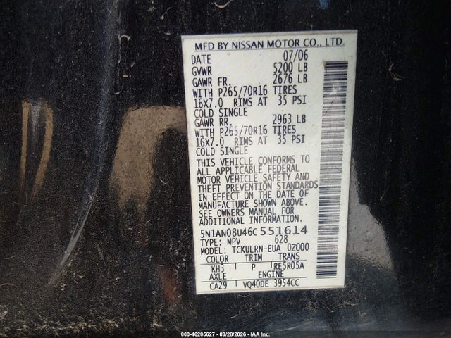 Aukcja sprzedaży 2006 Nissan Xterra S, vin: 5N1AN08U46C551614, numer aukcji: 46205627