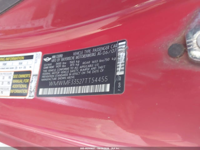Продаж на аукціоні авто 2007 Mini Cooper Hardtop, vin: WMWMF33527TT54455, номер лоту: 46205651
