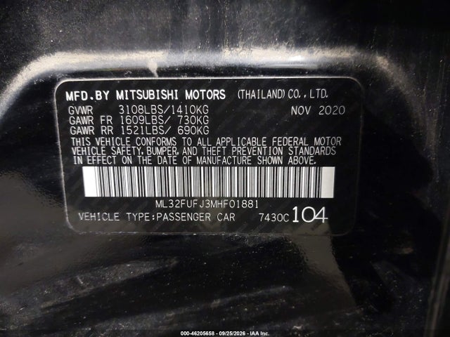 Aukcja sprzedaży 2021 Mitsubishi Mirage G4 Carbonite Edition/es/le, vin: ML32FUFJ3MHF01881, numer aukcji: 46205658